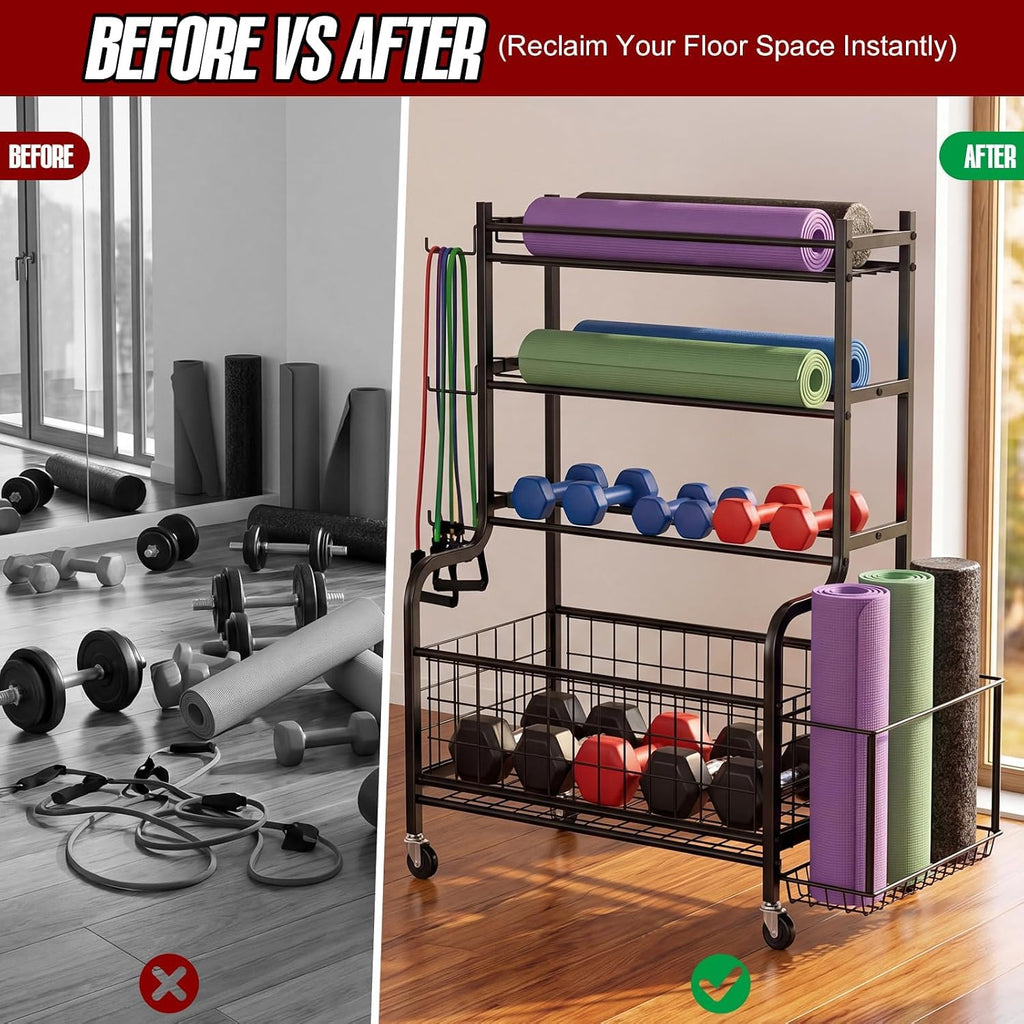 4-Tier Home Gym Storage Rack with Wheels and Hooks, Dumbbell Stand