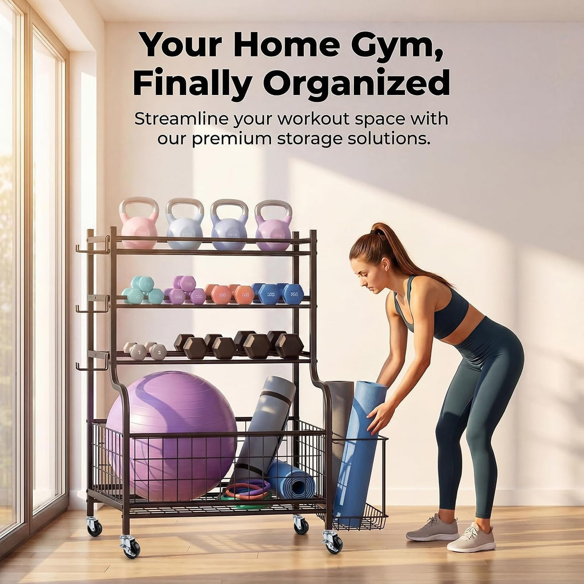 4-Tier Home Gym Storage Rack with Wheels and Hooks, Dumbbell Stand